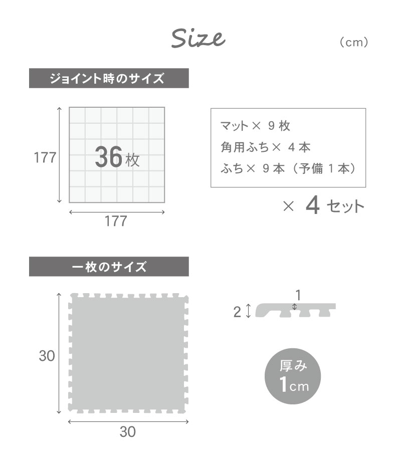 36枚セット 30x30 洗えるジョイントマット(ふち付き) グレーのサイズ2