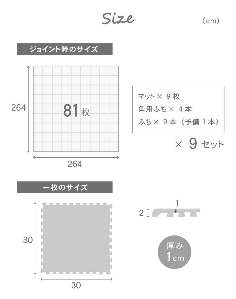 81枚セット 30x30 洗えるジョイントマット(ふち付き) グレーのサイズ2