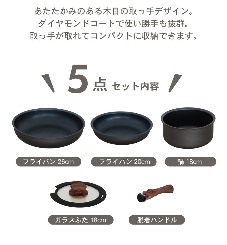 取っ手のとれる鍋・フライパン5点セット ソフィスの機能
