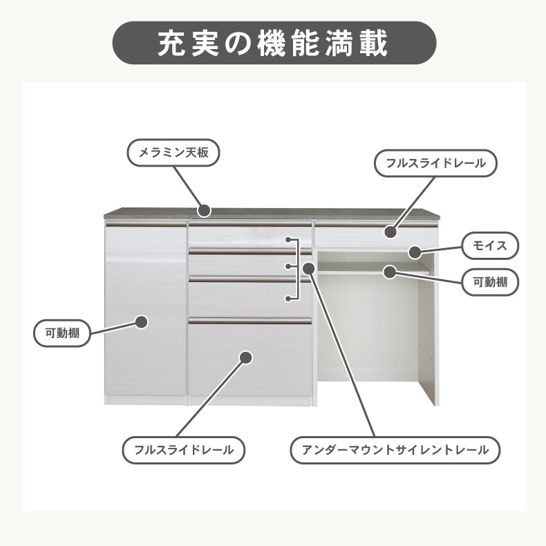 幅160cm 食器棚 ダストボックス 引出 メラミン キッチンカウンター