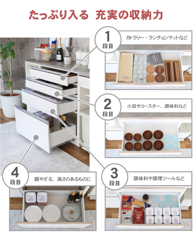 幅200cmカウンター 下台40OP 80引出 40開戸 カカロの機能