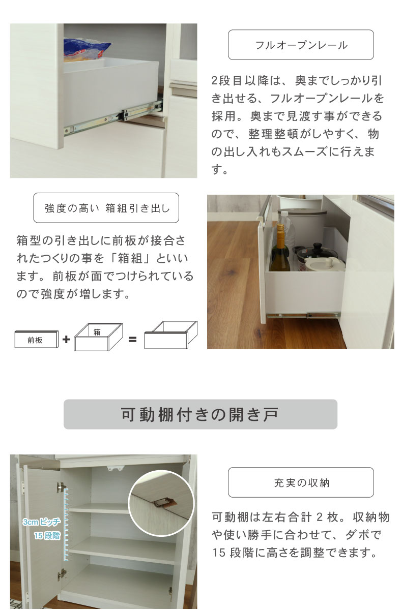 幅180cmカウンター ハイフレックス天板 下台左脚パネル 60三段引出 80開戸 ネオの機能