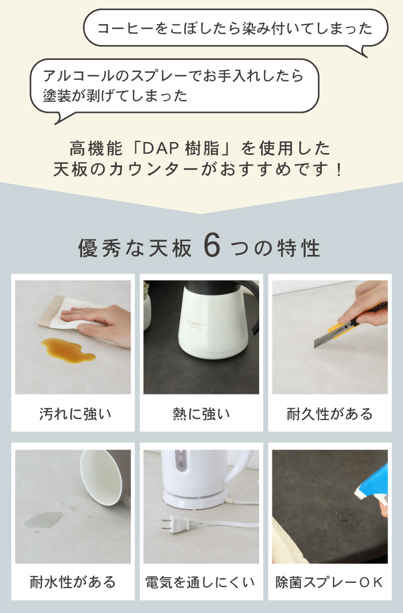 幅180cmカウンター ハイフレックス天板 下台60開戸 60引出 80ダスト フォーガスの機能