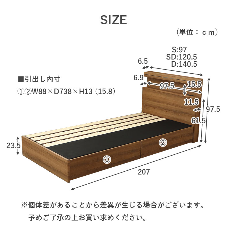 ベッドフレーム すのこ床板&引出 フローレスのサイズ