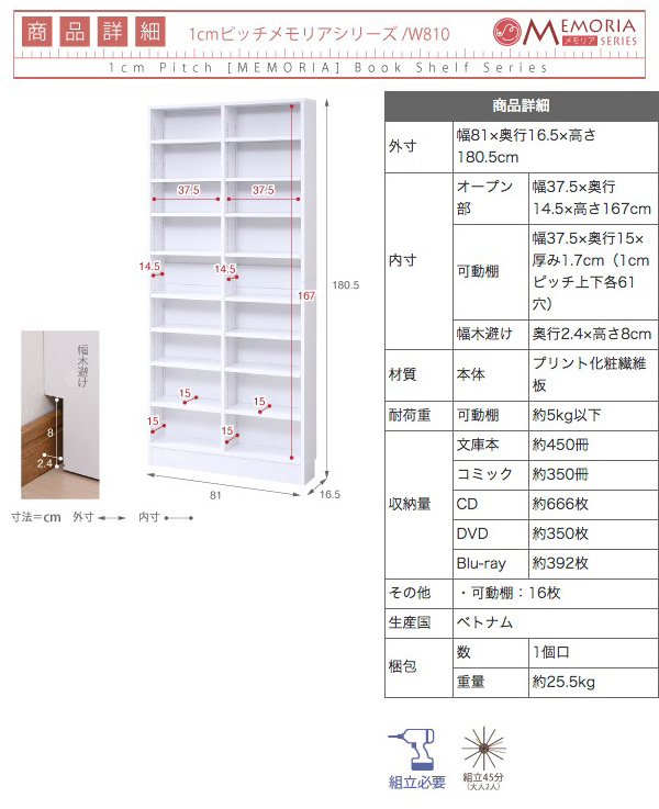 巾約80cm　1cmピッチ 薄型書棚のサイズ1