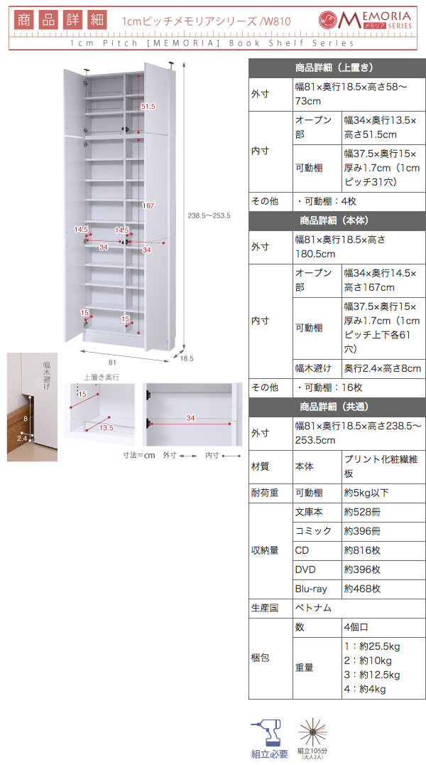 巾約80cm　1cmピッチ 薄型書棚 上置き 扉有のサイズ1