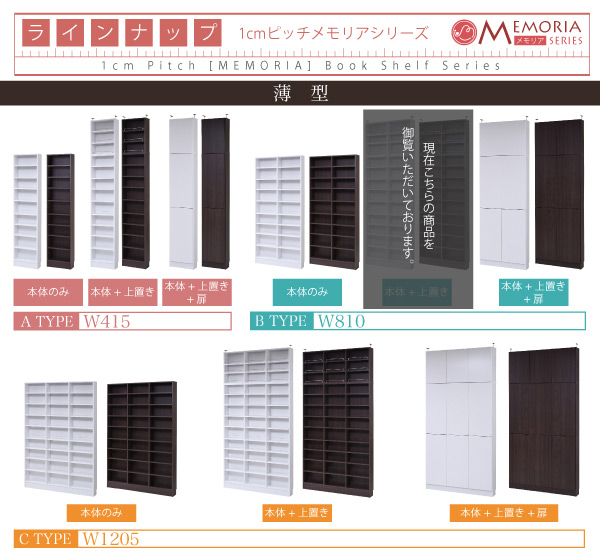 巾約80cm 1cmピッチ 薄型書棚 上置きの機能