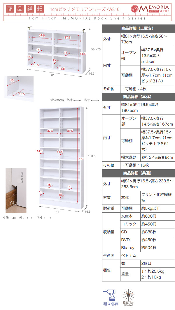 巾約80cm　1cmピッチ 薄型書棚 上置きのサイズ1