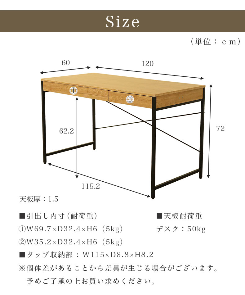 幅120cm デスク3点セット エリックのサイズ1