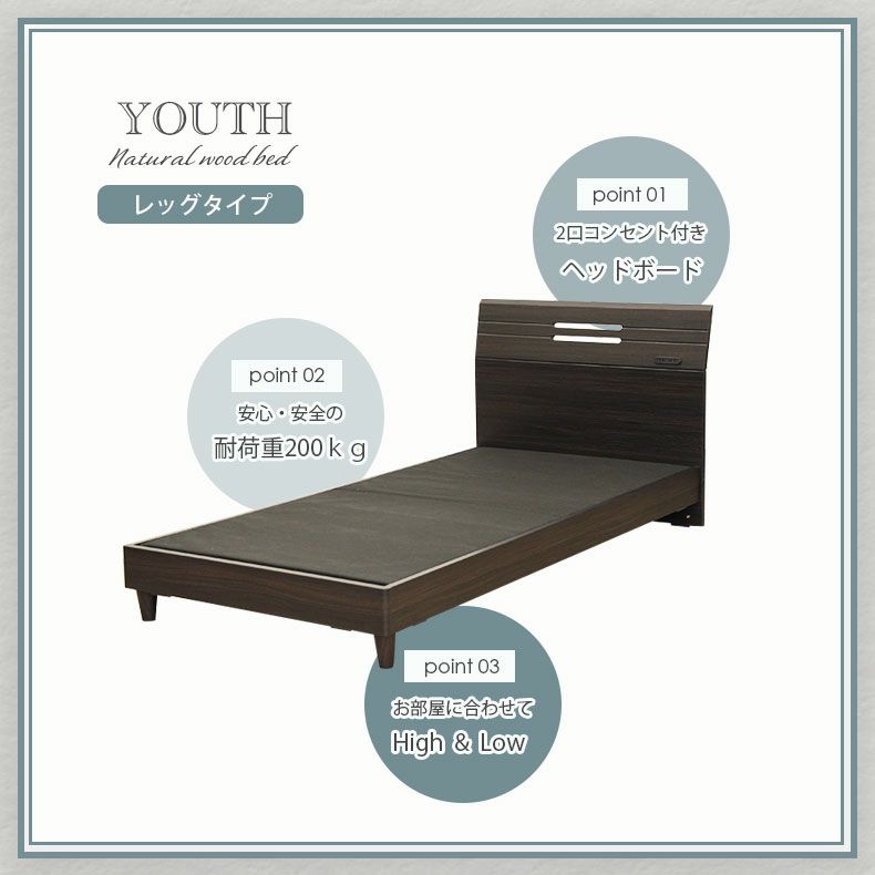 ベッドフレーム | 幅122cm セミダブル ベッドフレーム 布床板 脚付き ローベッド シンプル コンセント MIチョイス ユース