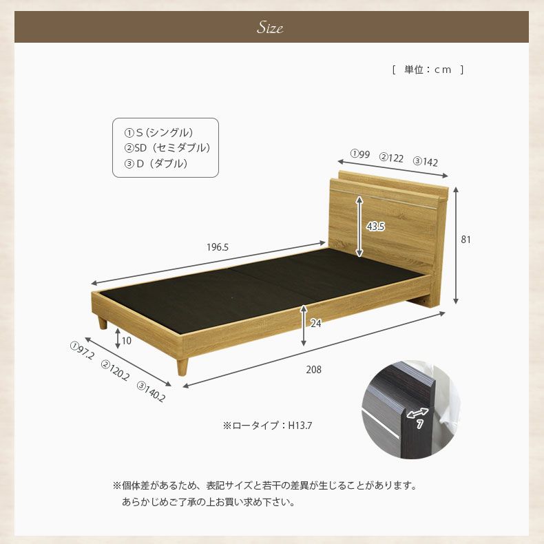 ベッドフレーム | 幅122cm　セミダブル ベッドフレーム コンセント付 ロータイプ 布床板＆レッグ MIチョイス スクエア