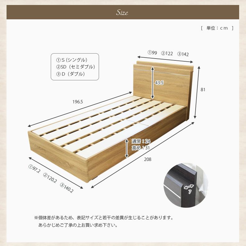ベッドフレーム | 幅122cm　セミダブル ベッドフレーム コンセント付 すのこベッド スノコ＆箱型ハイタイプ MIチョイス スクエア