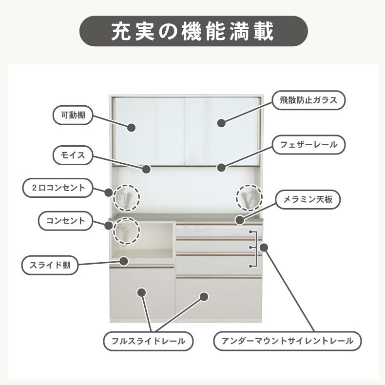 食器棚 | 幅140cm 食器棚 メラミン レンジ台 モイス カカロ 国産  (下台80引出 40OP)