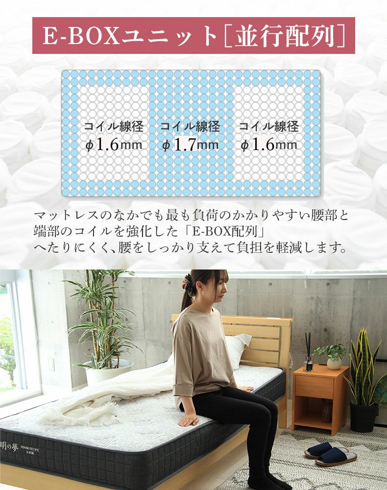 日本製 ポケットコイル マットレス ワイドダブル ピアノ線 厚さ21cm 明の夢プラス