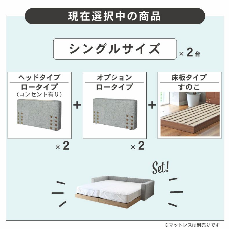 ベッドフレーム | Sｘ２ すのこ床板＆サイド有＆ローヘッド（コンセント有） アドリア