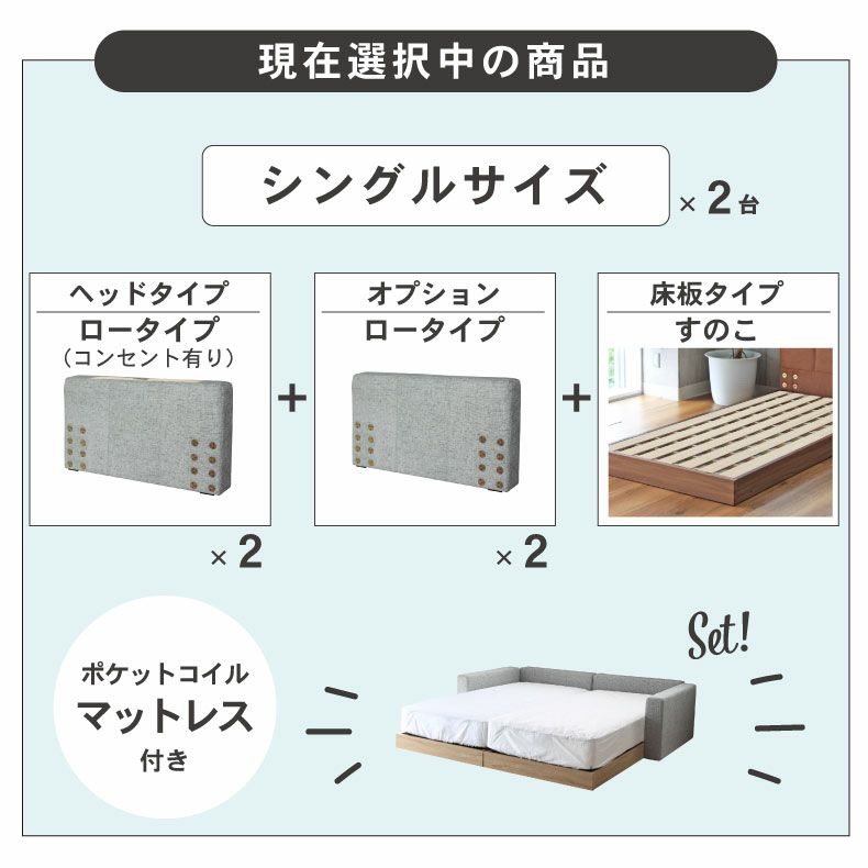 ベッドフレーム | Sｘ２ すのこ床板＆サイド有＆ローヘッド（コンセント有）＆マットレス付 アドリア