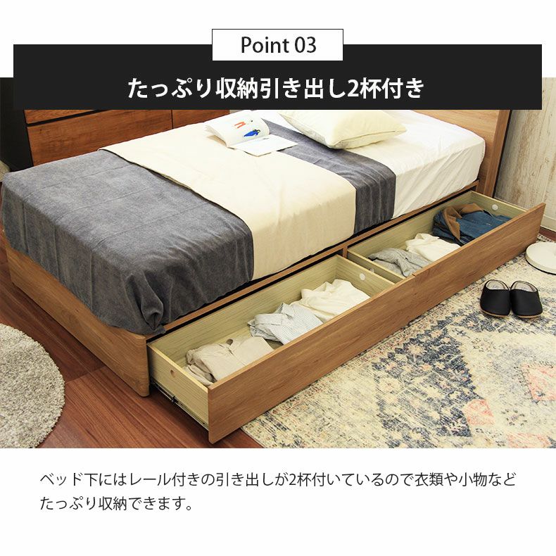 ベッドフレーム | 幅121cm　セミダブル ベッドフレーム コンセント付 照明付き USB すのこベッド スノコ＆引出付き アラル2