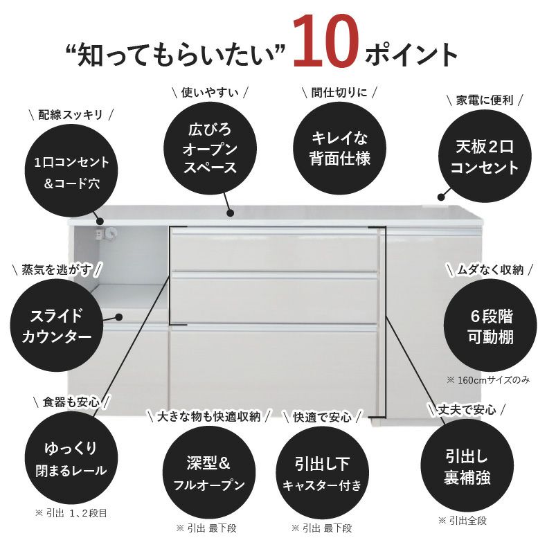 カウンター・キッチン収納 | 幅160cm キッチンカウンター コンセント付 おしゃれ ノア