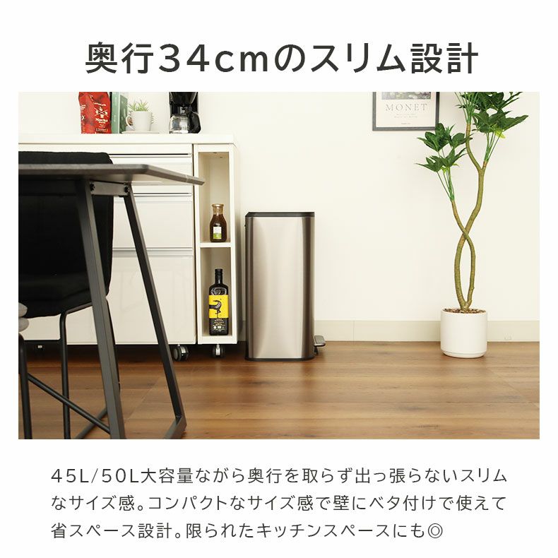 ゴミ箱・ダストボックス | 50Ｌ ゴミ箱 ステンレス ダストボックス ペダル付き ふた付き キッチン スリム レクト