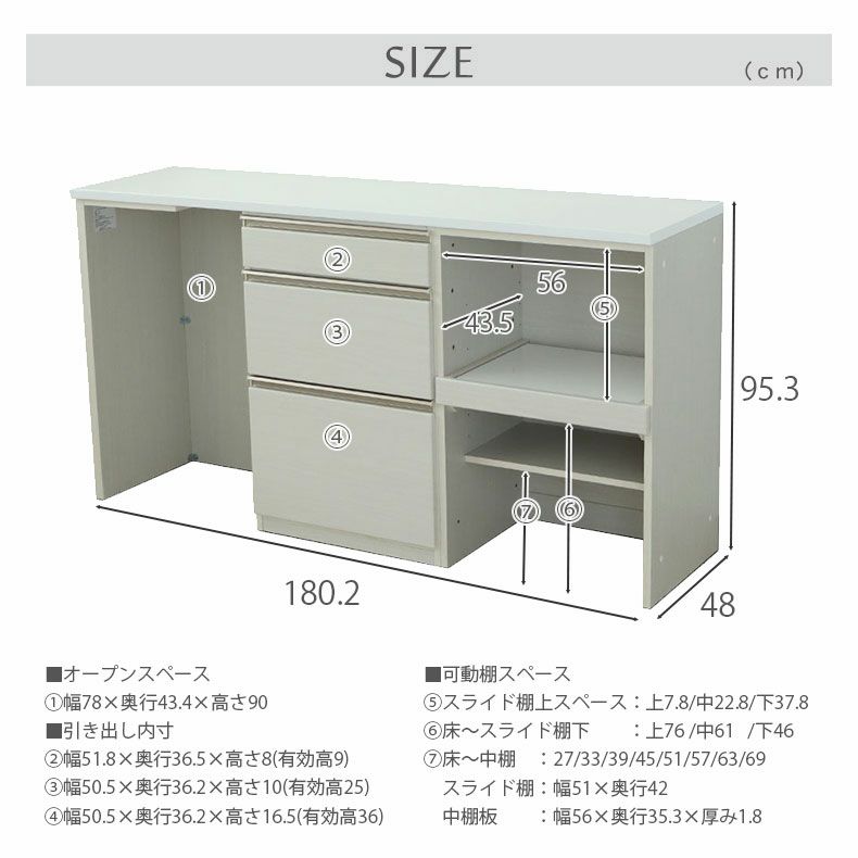 カウンター・キッチン収納 | 幅180cmカウンター 下台左脚パネル 60三段引出 60可動オープン ネオ