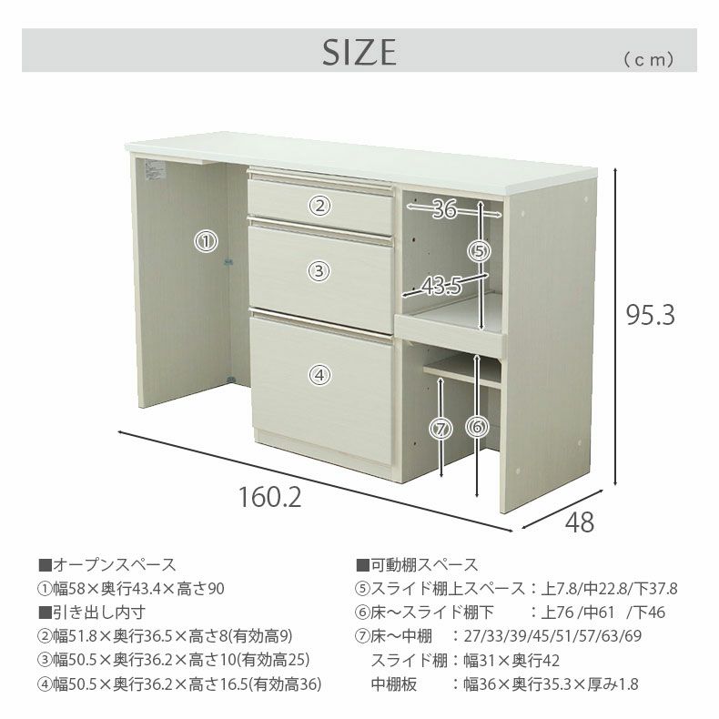 カウンター・キッチン収納 | 幅160cmカウンター 下台左脚パネル 60三段引出 40可動オープン ネオ