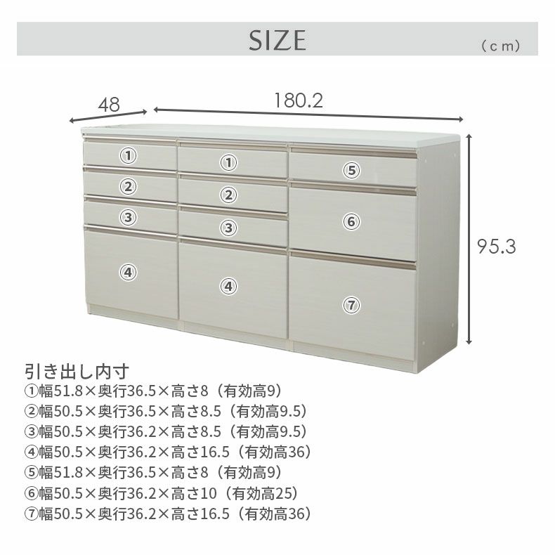カウンター・キッチン収納 | 幅180cmカウンター 60四段引出x2 60三段引出 ネオ